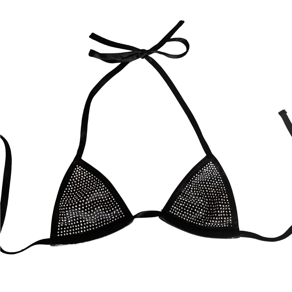 I AM GIA . Black satin triangle bikini top with rhinestones